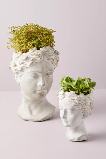two grecian inspired bust pots in small and large sizes
