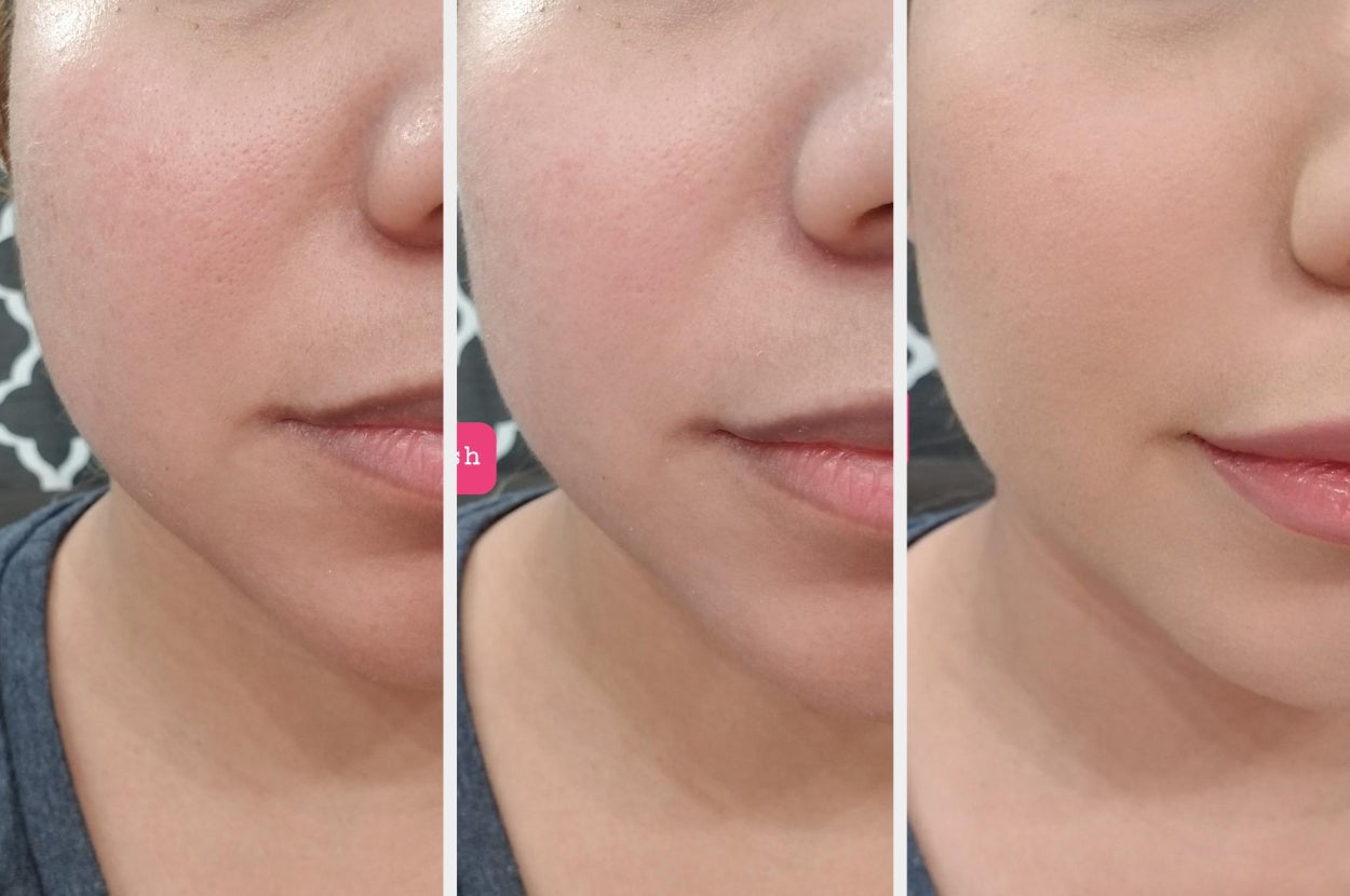 three images from L to R: reviewer with toner only, toner and the sun milk, and then a full face of makeup