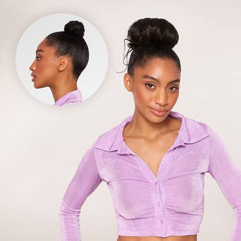 model showing before and after using the clip-in messy bun 