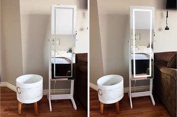 a side-by-side of a reviewer's full-length mirror, on the left with the lights turned off and then on the right with the lights turned on