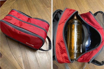 reviewer photo collage of red toiletry bag, zipped and open, showing shampoo bottle inside