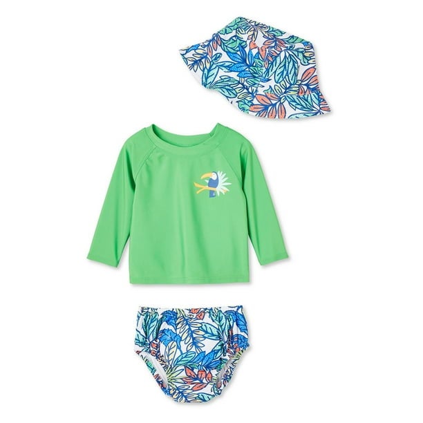 swim bottoms, hat and long sleeve rash guard