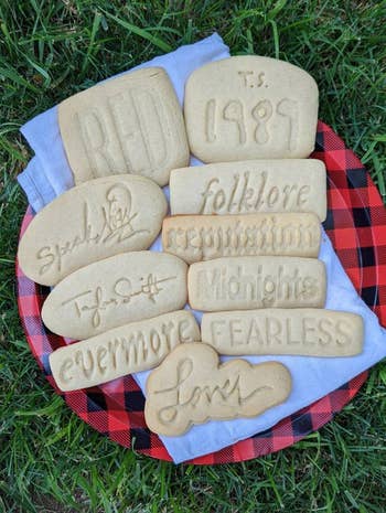 10 baked cookies, each with a taylor swift album design on it