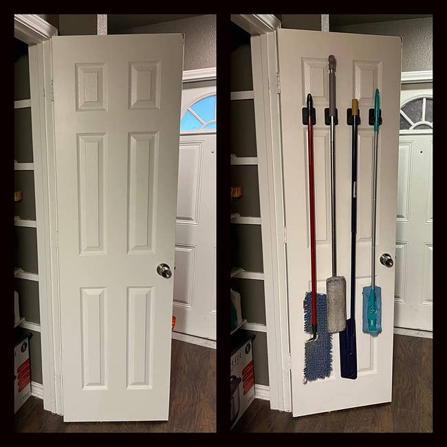 reviewer's before photo of a bare narrow white door and an after photo of the same door with four clips on the inside holding four mops