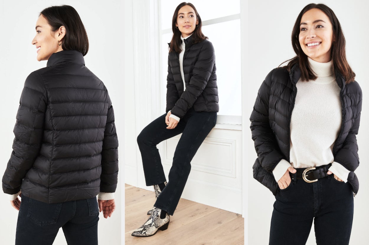 Three images of a model wearing the black jacket