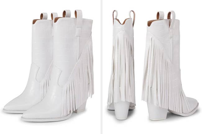 Short white cowboy boots with white fringe along the sides and back