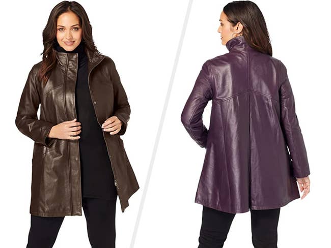 Two images of a model wearing brown and purple jackets