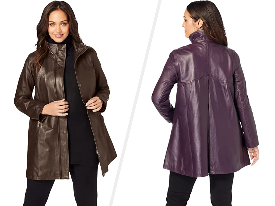 Two images of a model wearing brown and purple jackets