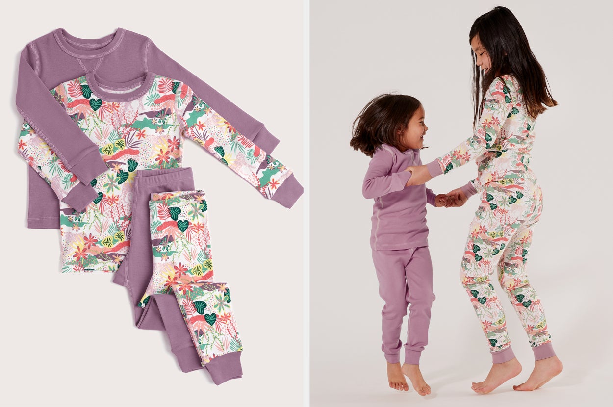 Split image of two sets of purple and floral pajamas and two child models jumping and playing in their pjs