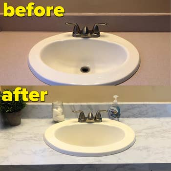 a reviewer's plain bathroom counter before the adhesive and after looking sleek with a marble finish