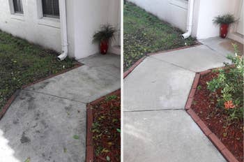 a reviewer before and after photo of a walkway looking dirty and then clean after using the outdoor cleaner