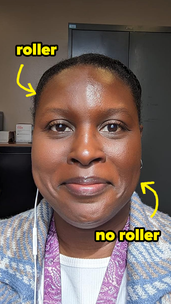reviewer's face showing how one side has had the roller used on it and looks significantly more matte / not oily