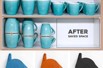 The round adjustable flat organizers in blue, orange, and black, plus a before and after pic of the mugs unorganized and organized