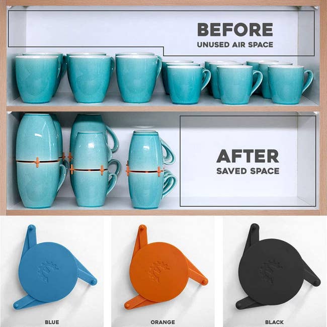 The round adjustable flat organizers in blue, orange, and black, plus a before and after pic of the mugs unorganized and organized