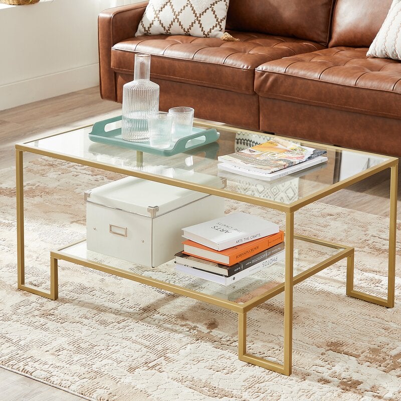 glass coffee table with storage shelf