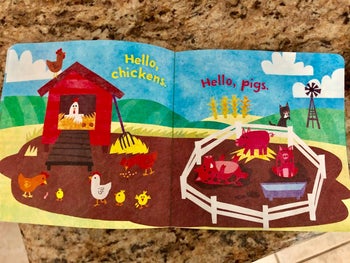 Children's book open to a page with illustrations of chickens on a farm and pigs with a mud puddle