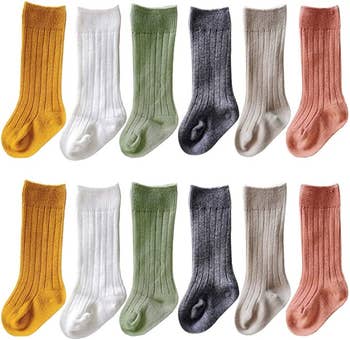 the six pack of socks in yellow white green gray tan and burnt orange