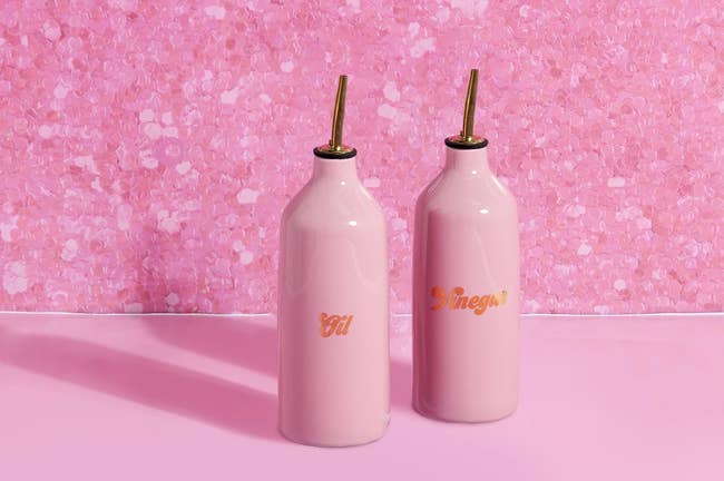 Two stylish lipid and vinegar bottles connected a pinkish inheritance with