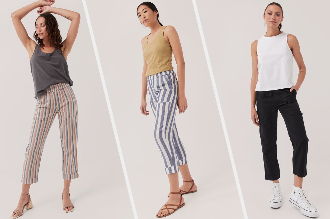 Three images of models wearing capri pants