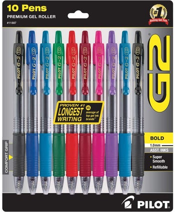 pen set with blue, light blue, green, red, dark red, pink, purple, teal, and two black pens