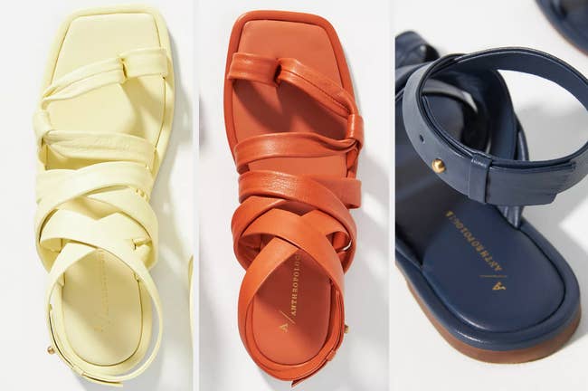Side by side of puffy gladiator sandal in yellow and orange, close up of back buckle of product in navy blue