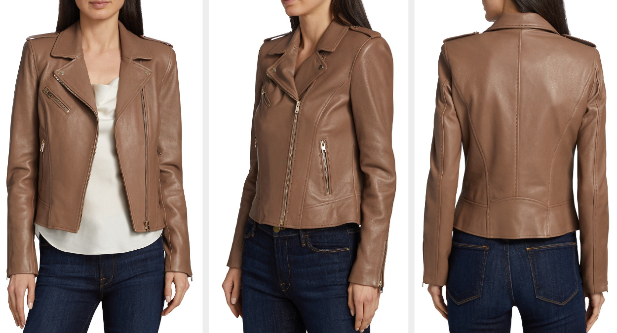 Three images of model wearing brown jacket
