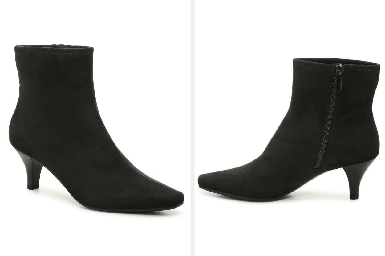 a side-by-side of a black heeled bootie from either side