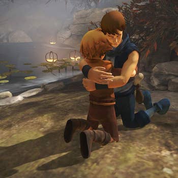 a screenshot from the game showing the two characters hugging 