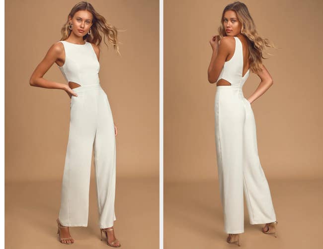 Two images of a model wearing the white jumpsuit