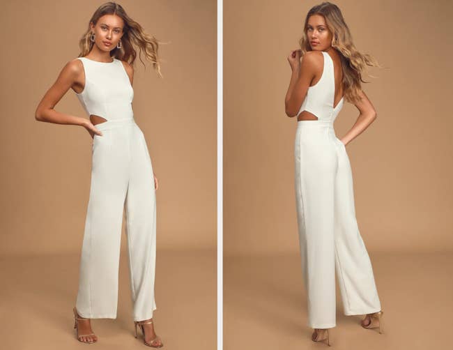 Two images of a model wearing the white jumpsuit