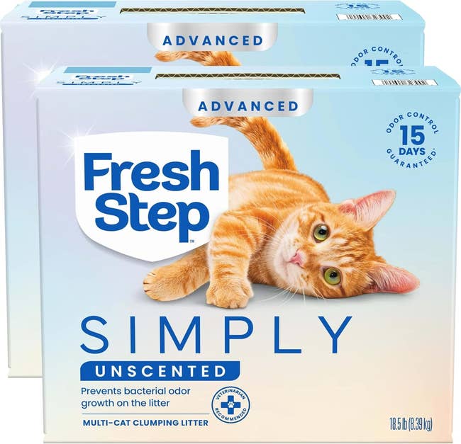 Two boxes of Fresh Step Simply Unscented feline  litter, featuring a playful orangish  feline  image. Product emphasizes odor power  and is multi-cat suitable