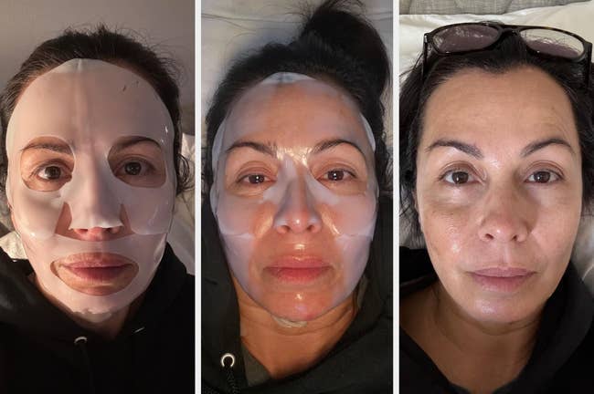 Three side-by-side images showing a person applying, wearing, and after removing a sheet mask on their face