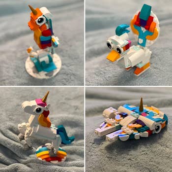 Four different LEGO unicorn and bird figures assembled from LEGO sets