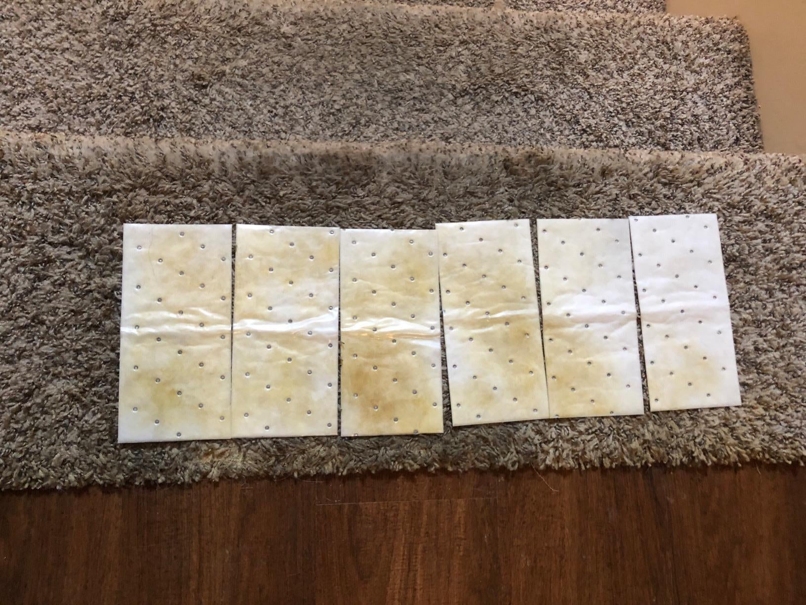 reviewer image of several soiled stain removal pads on carpeted stairs