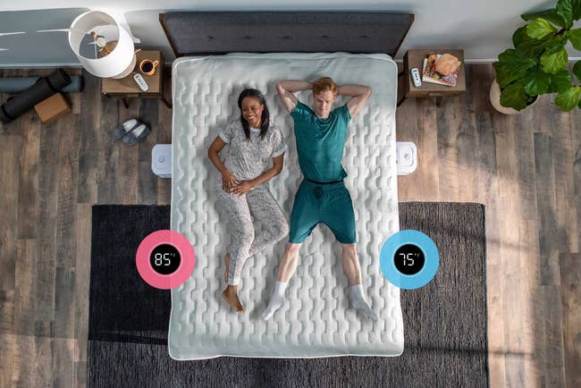 couple on bed with different temperatures on each side