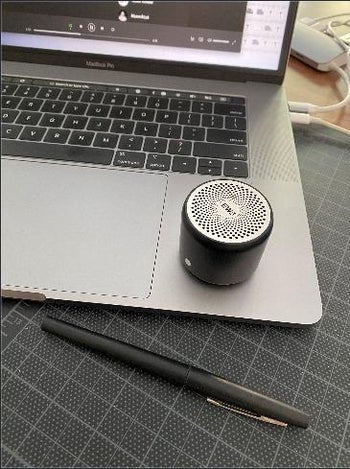 reviewer shows the black speaker