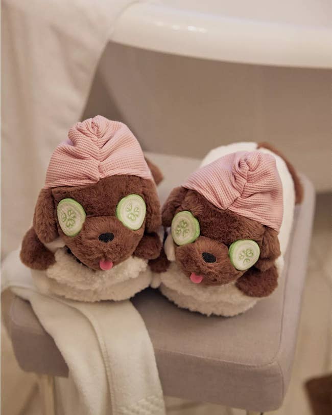 plush slippers that look like dogs in spa headwraps and robes with cucumbers on their eyes