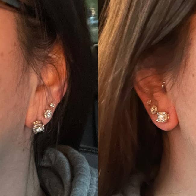 before photo of a reviewer not wearing the lifter and their stud is dropping in the piercing next to an after photo of the same earring being worn with the lifter