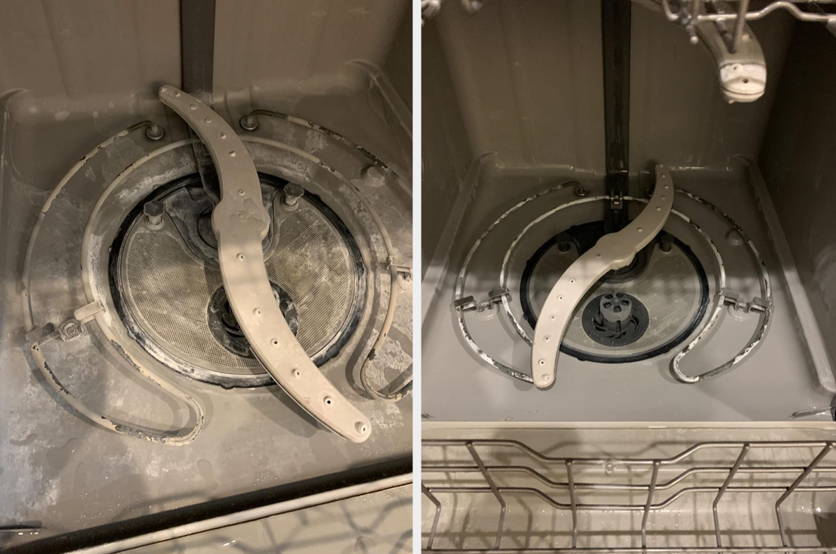 Inside reviewer's dishwasher with a lot of white buildup / same dishwasher now clean