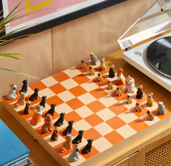 the orange and yellow checkered board with cat and dog chess pieces