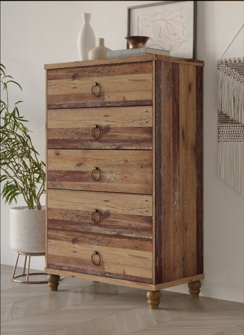 distressed wood dresser with round pulls
