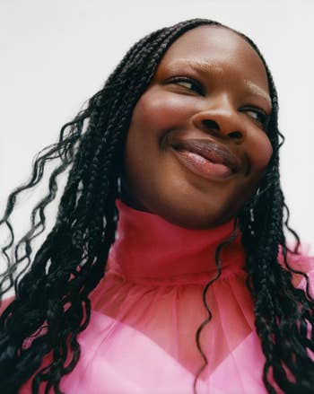Close-up of a person smiling in a sheer pink ruffled collar blouse, with long braids