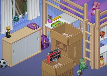 a screenshot from the game showing cardboard boxes in a bedroom 