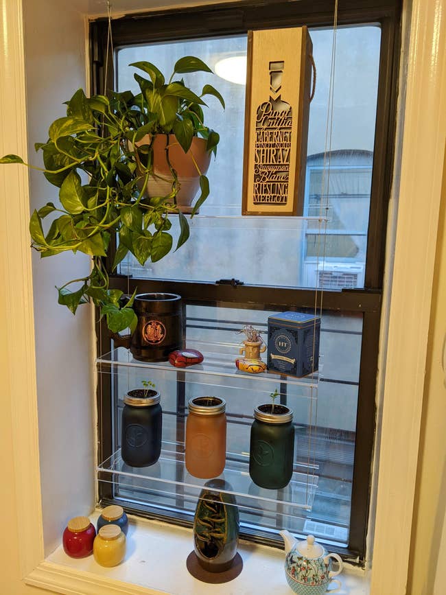 a reviewer photo of a three-tier acrylic shelf unit hanging in front of a window with plants and other knickknacks on it 