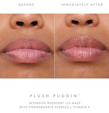 Lips before and after using, looking shiny and hydrated right after