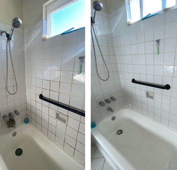 before and after image of dirty shower turned clean 