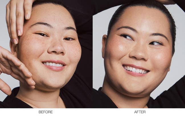 before and after photos showing a model's face looking dewy and bright with the tinted moisturizer on