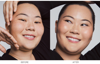 before and after photos showing a model's face looking dewy and bright with the tinted moisturizer on