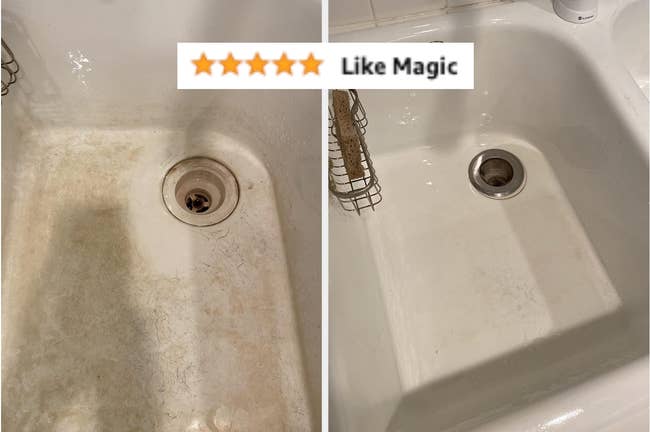 before/after of a porcelain sink that's been cleaned and left white and shiny