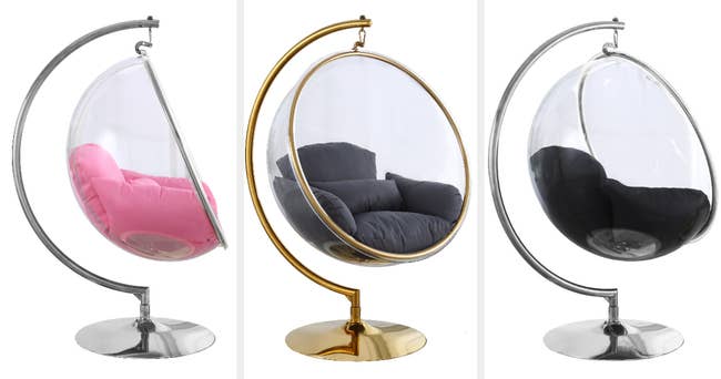Image of pink, gray, and black cushions in silver and gold egg chairs